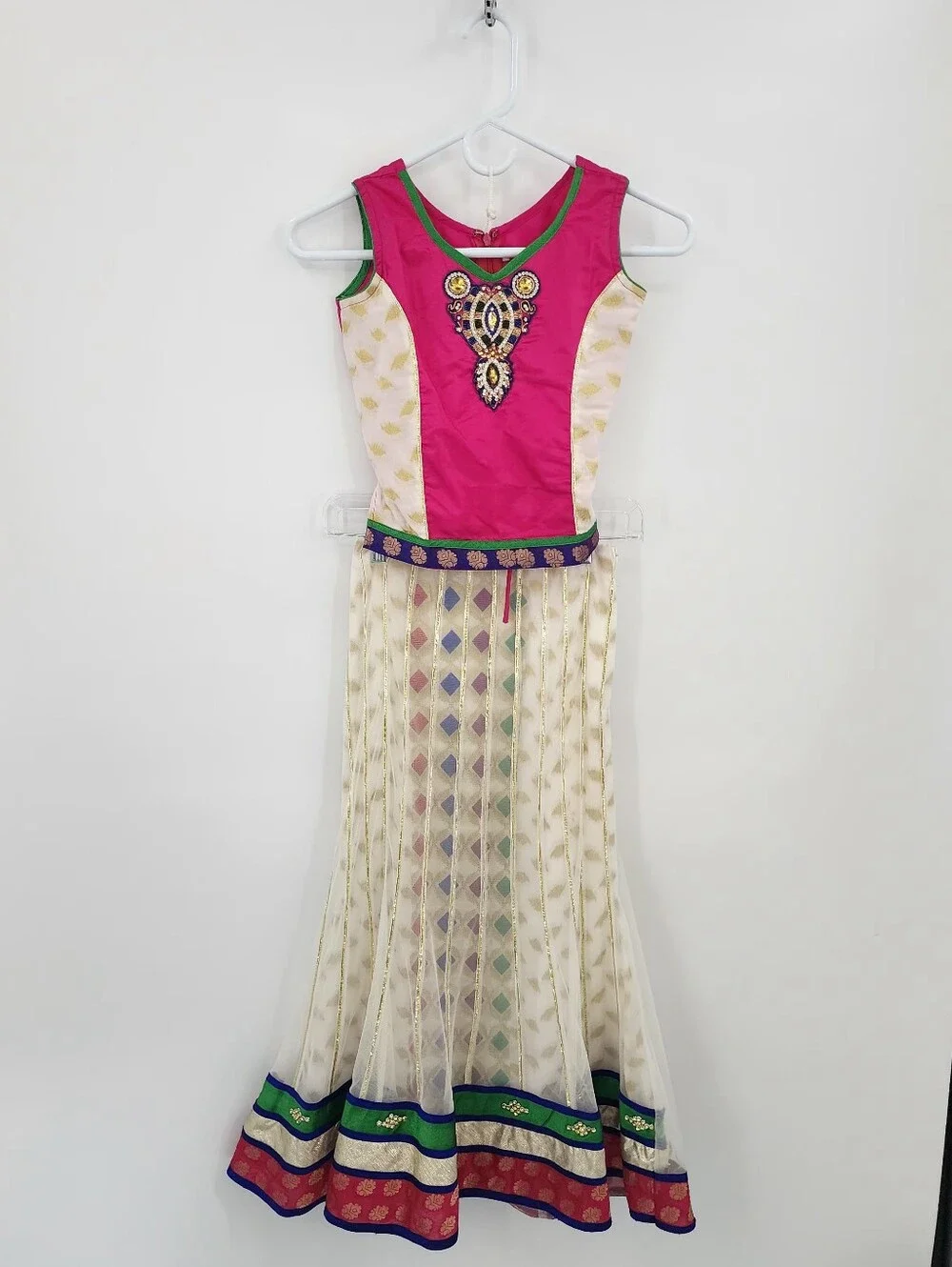Pink and Ivory Ethnic Anarkali Set with Blue-Green Trim, Size 7 Years